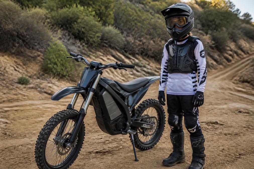 Young rider wearing full safety gear standing beside an electric dirt bike on a dirt trail