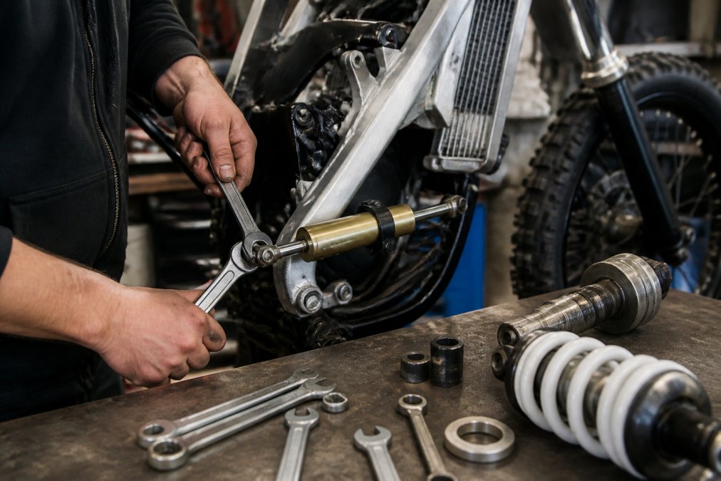 Mechanic adjusting a steering stabilizer on a dirt bike in a workshop with tools on the workbench