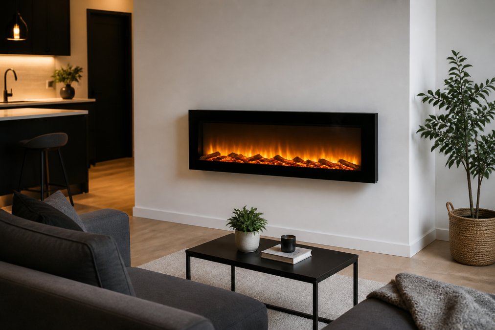 A sleek wall-mounted electric fireplace with glowing amber flame effect mounted on a white wall in a compact, modern apartment living room with a low grey sofa, minimal furniture, and warm ambient lighting