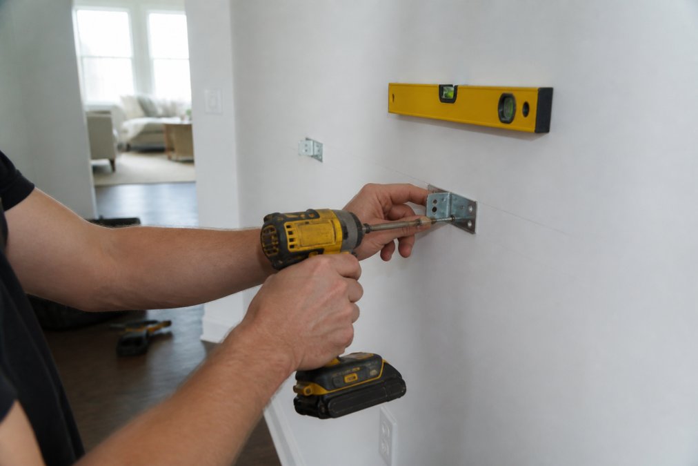 Close-up of a person's hands using a cordless drill to secure metal mounting brackets to a drywall stud in a bright apartment room, with a spirit level and pencil marks visible on the white wall