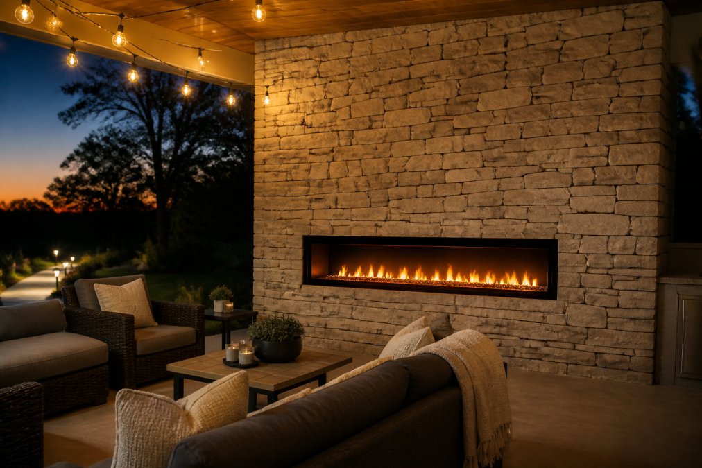Professional illustration showing LED for best electric fireplaces for outdoor patios