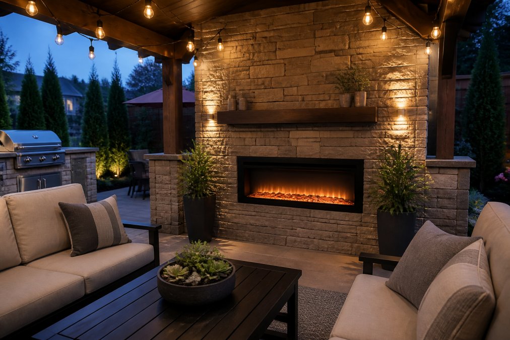 Professional illustration showing best electric fireplaces for outdoor patios
