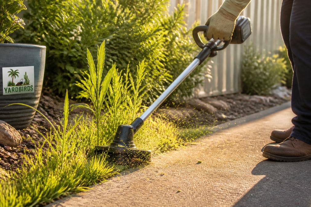 A gardener's gloved hand guiding a cordless grass trimmer along a garden path edge, nylon line cutting through weeds with fine debris flying, late afternoon sunlight casting long shadows