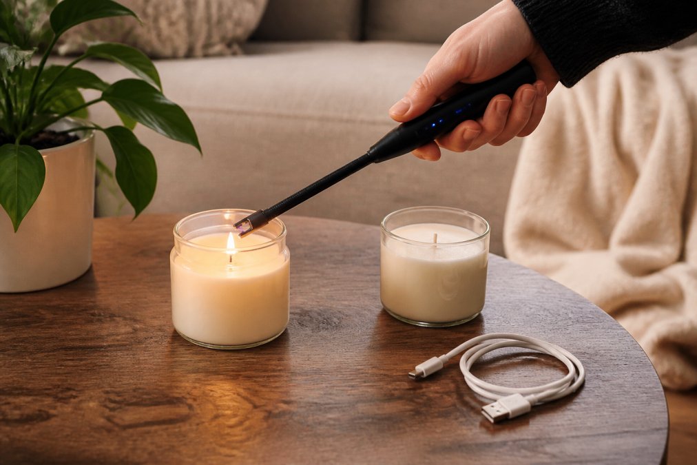 Infographic demonstrating the step-by-step process of using electric lighters to safely ignite a jar candle