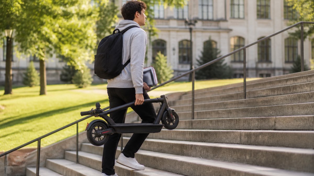 Student carrying a folded DriveTron electric scooter in one hand while holding textbooks and backpack in the other, climbing a flight of campus steps during daytime with natural sunlight