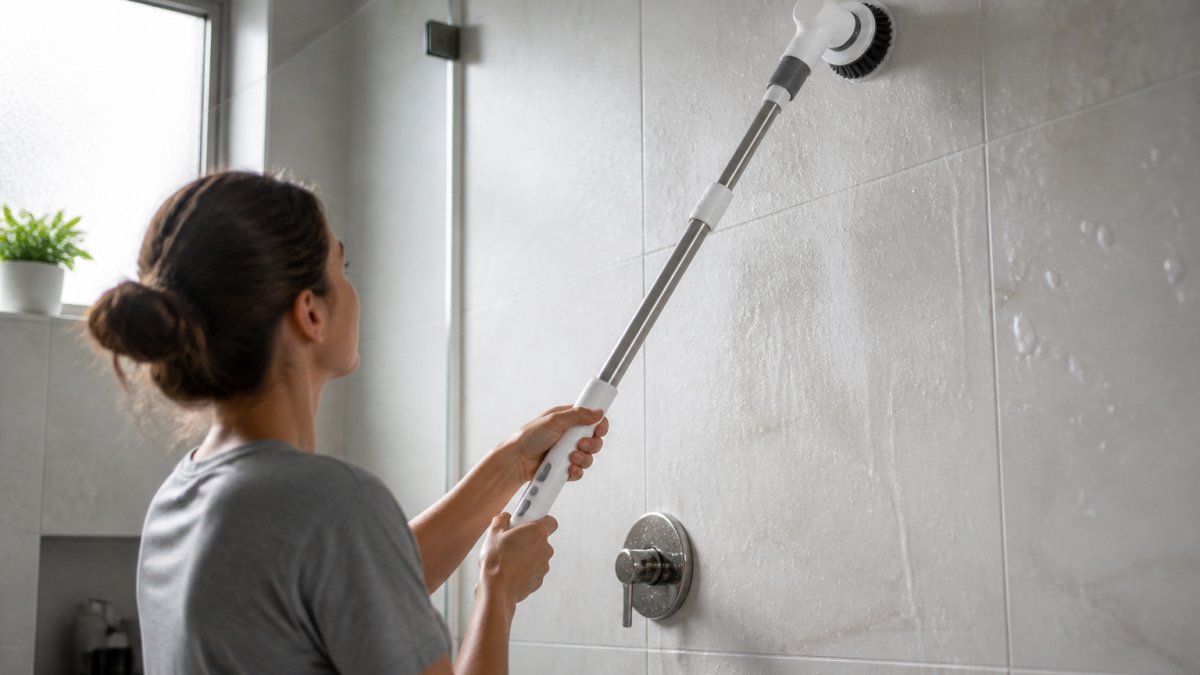 Person using a cordless electric spin scrubber with an extended handle to clean high bathroom wall tiles