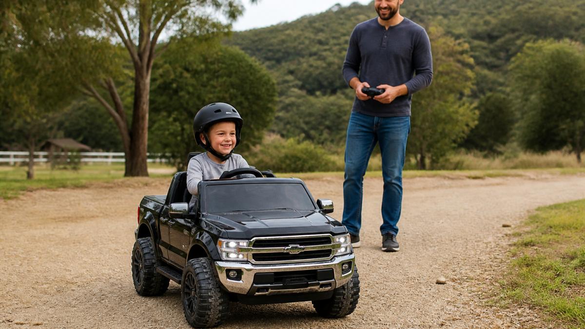 Parent using a remote control to supervise a child in one of our electric trucks for kids outdoors