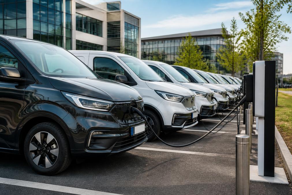 Modern electric vehicles parked in a line at a depot with charging stations and office buildings visible in the background, natural daylight