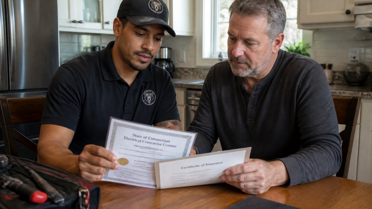 Professional electrician showing homeowner a Connecticut electrical license and insurance certificate at a kitchen table, both reviewing documents together with natural afternoon light