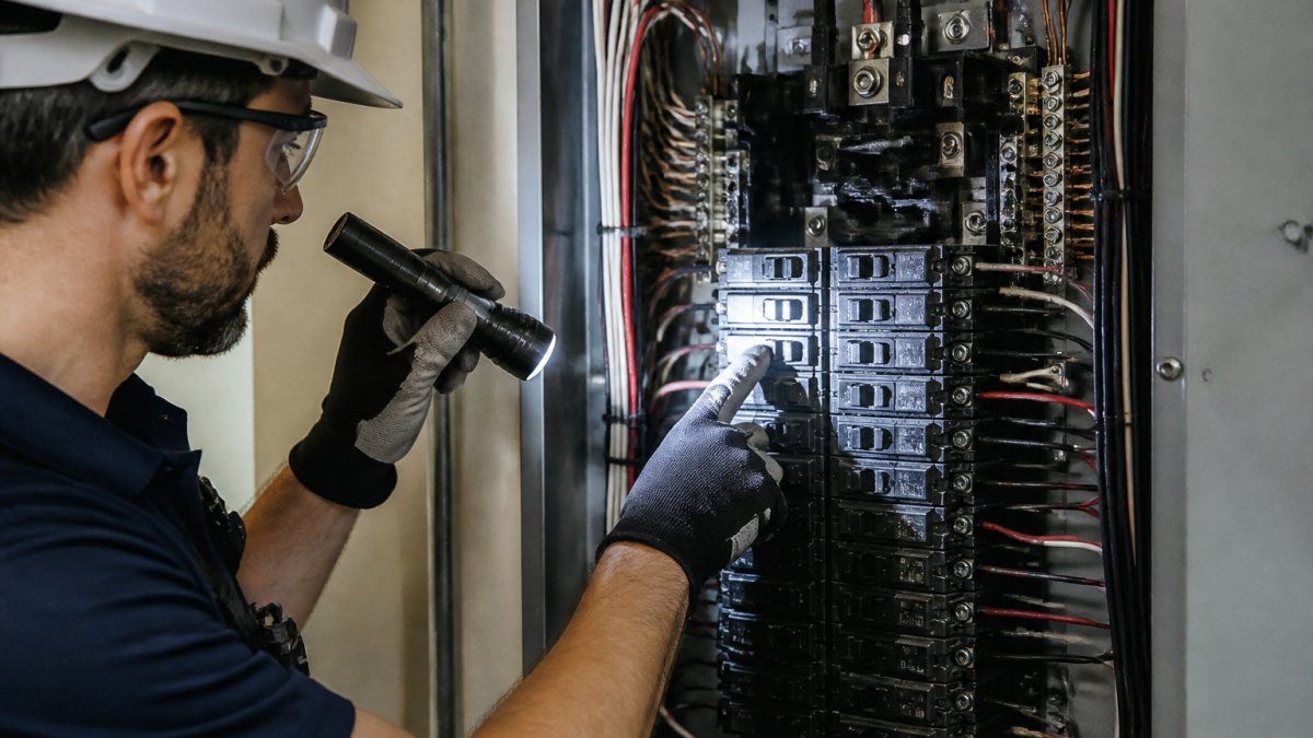Licensed electrician inspecting an open electrical panel with circuit breakers, pointing to key components inside the load center with a flashlight