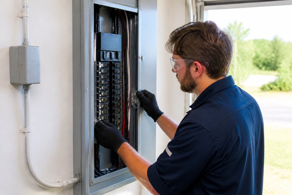 A licensed electrician installing a modern smart electrical panel on a wall, with clean wiring and a digital display visible on the panel face