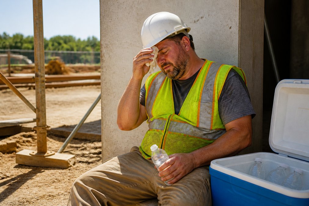 A construction worker in a hard hat and reflective vest wiping sweat from his forehead while taking a break in the shade next to a cooler of water bottles on a hot sunny day