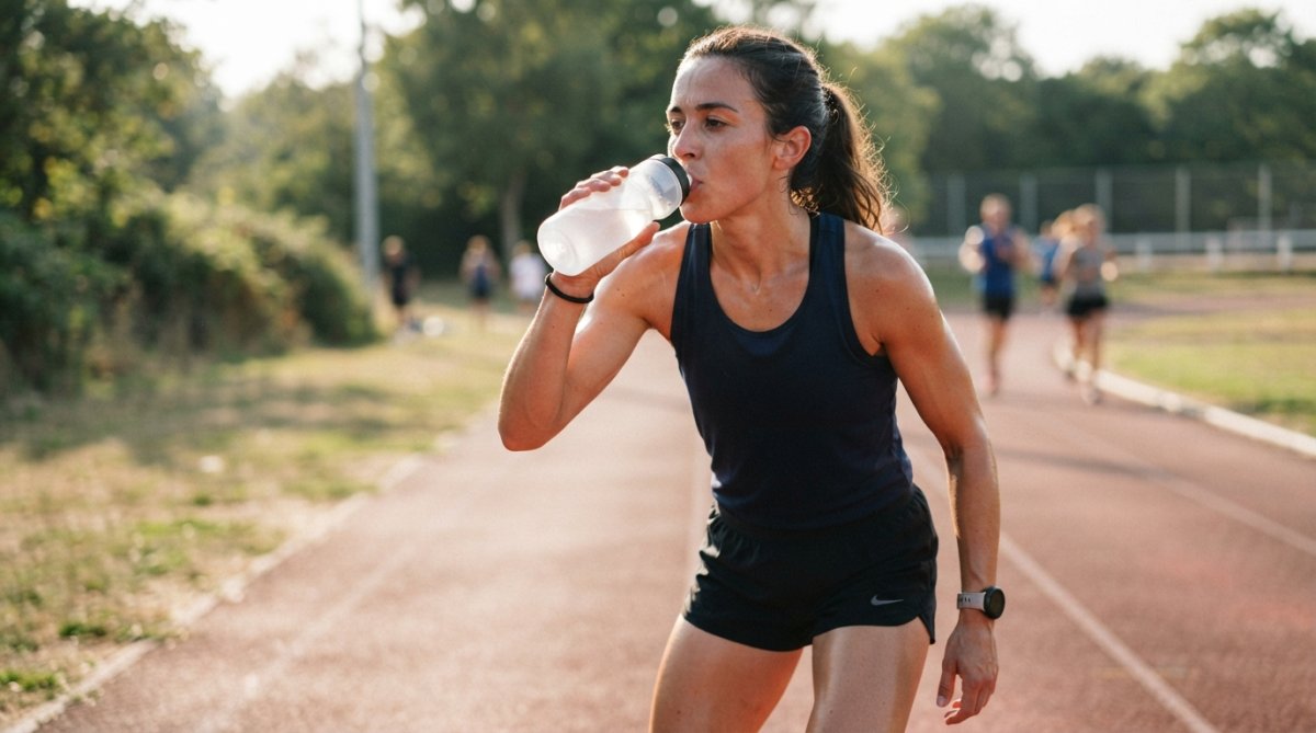 Athlete drinking from a water bottle during outdoor training, muscles engaged with focused expression and natural sunlight