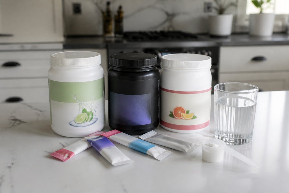 Close-up of several electrolyte powder tubs and stick packs arranged on a clean white kitchen counter next to a glass of water, with a measuring scoop resting beside them