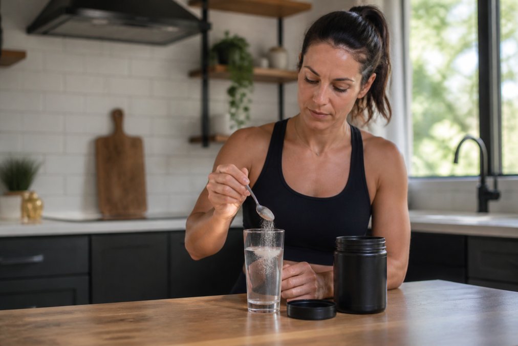 A person in athletic wear sitting at a kitchen table, mixing an electrolyte powder into a glass of water with a spoon, looking focused and refreshed in a bright morning kitchen setting