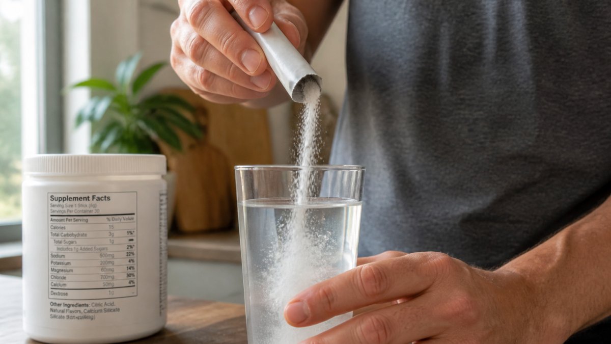 Close-up of hands holding a clear glass of water with electrolyte powder being poured from a single-serve stick pack, with a label showing ingredients in soft daylight