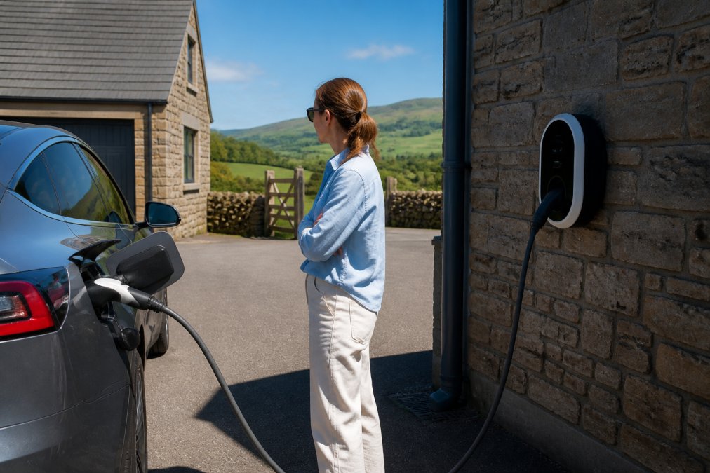A homeowner standing in a driveway beside an electric car plugged into a wall-mounted home charger, with a stone-built house and green hills visible in the background on a bright, dry day