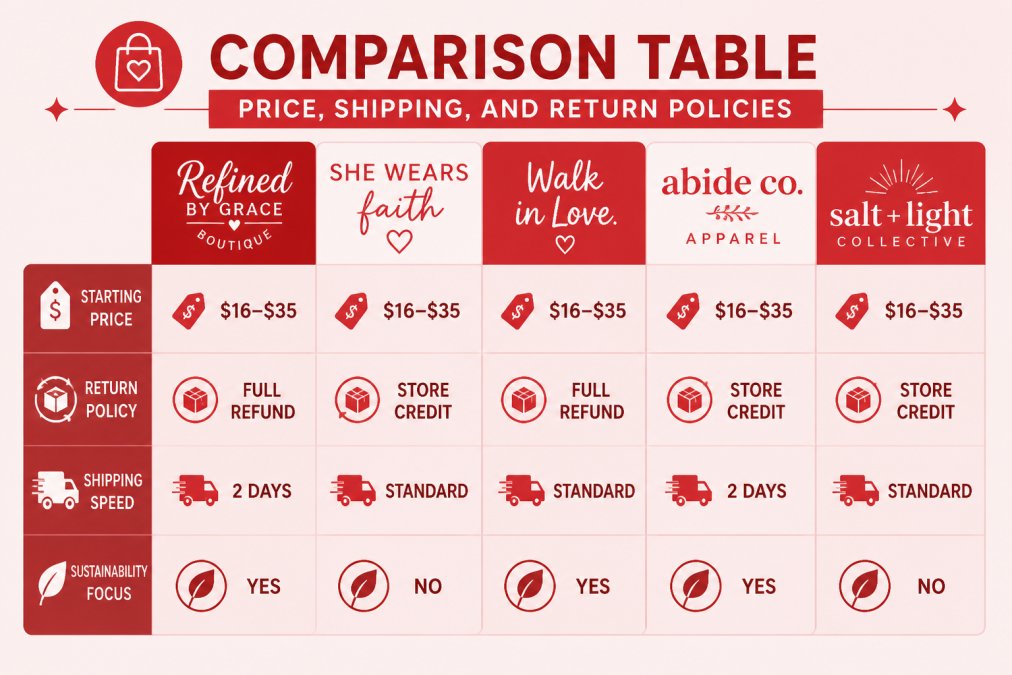 Comparison matrix showing brand names, starting price range ($16-$35), return policy type (full refund vs. store credit), shipping speed (2 days to standard), and sustainability focus (yes/no) for Refined By Grace Boutique, She Wears Faith, Walk in Love., Abide Co. Apparel, and Salt + Light Collective