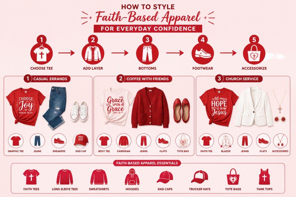 Styling workflow diagram showing three outfit scenarios: casual errands (graphic tee + jeans + sneakers), coffee with friends (boxy tee + cardigan + flats), and church service (faith tee + blazer + accessories), with icons representing each clothing category