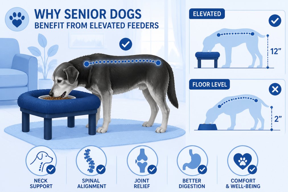 Older gray-muzzled senior dog eating comfortably from an elevated feeder, showing relaxed neck and spine posture with natural home lighting