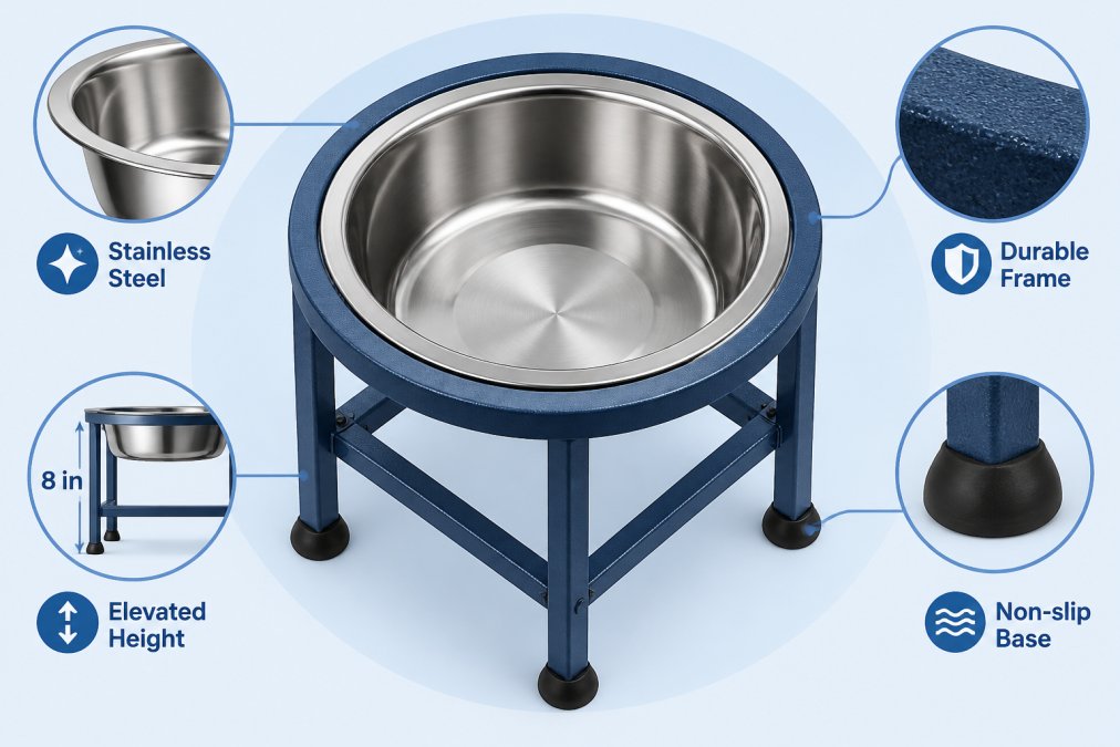Close-up of stainless steel elevated feeder bowl with sturdy non-slip base, showing quality construction and ergonomic design from above in natural lighting