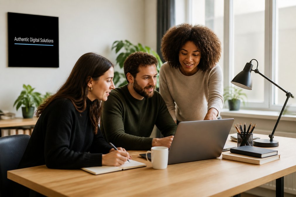 Nonprofit team members reviewing email campaign analytics and donor engagement metrics on a laptop in a collaborative office setting with natural light