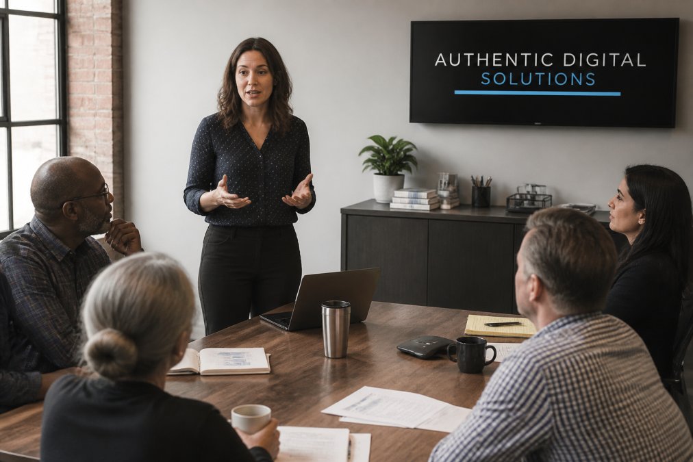 Marketing professional presenting campaign performance data to nonprofit leadership during a strategy meeting with presentation screen visible