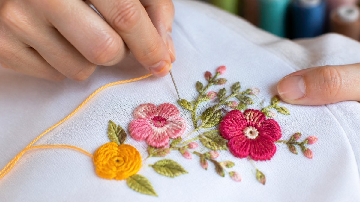 Infographic showing the detailed stitching process and thread quality of premium embroidery on soft cotton fabric