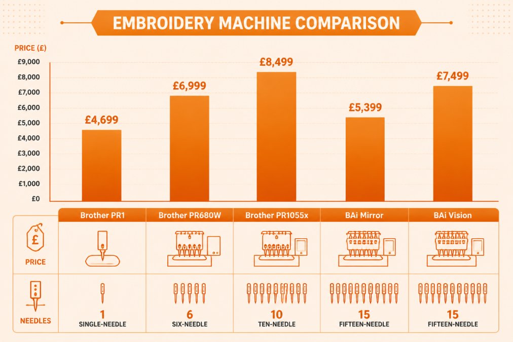 Bar chart comparing pricing and specifications: Brother PR1 £4,699 single-needle, Brother PR680W £6,999 six-needle, Brother PR1055x £8,499 ten-needle, BAi Mirror £5,399 fifteen-needle, BAi Vision £7,499 fifteen-needle