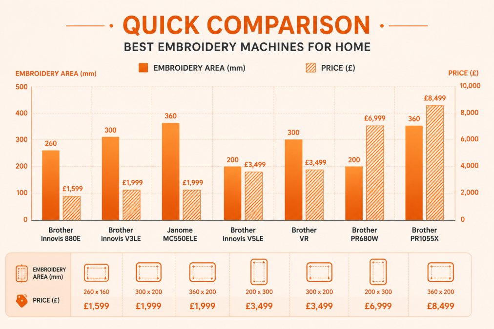 Bar chart comparing embroidery area in millimetres and price in pounds for seven machines: Brother Innovis 880E 260x160mm £1,599, Brother Innovis V3LE 300x200mm £1,999, Janome MC550ELE 360x200mm £1,999, Brother Innovis V5LE 200x300mm £3,499, Brother VR 300x200mm £3,499, Brother PR680W 200x300mm £6,999, Brother PR1055X 360x200mm £8,499