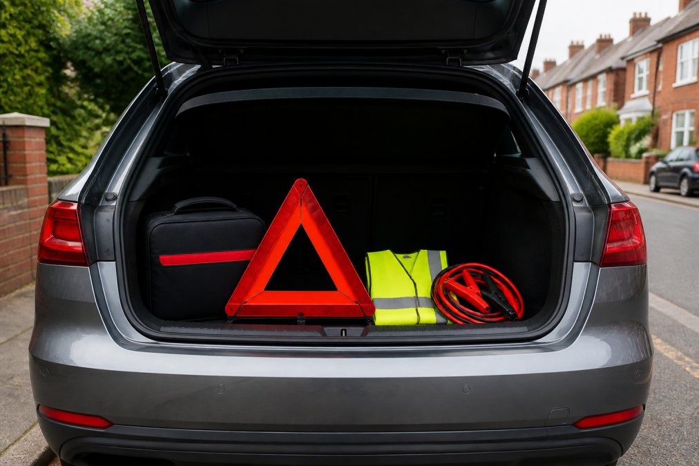 Best Emergency Breakdown Kits for UK Drivers in 2026 A neatly organised open car boot showing a breakdown kit with a warning triangle, high-visibility vest and jump leads visible, shot in daylight on a residential street