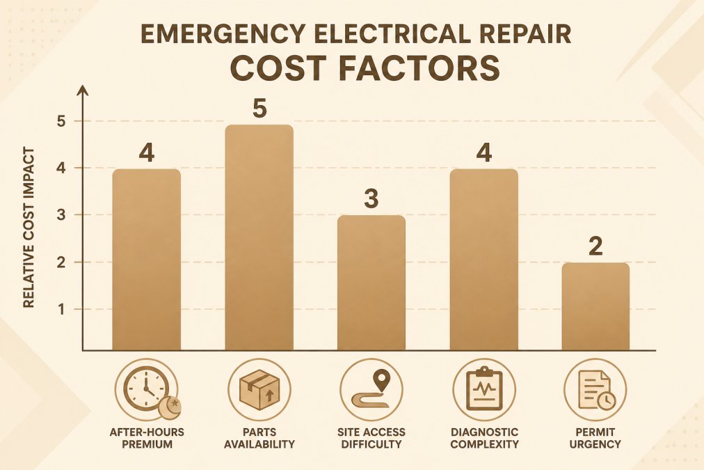 Bar chart comparing relative cost impact of five emergency repair factors on a 1-5 scale: after-hours premium 4, parts availability 5, site access difficulty 3, diagnostic complexity 4, permit urgency 2
