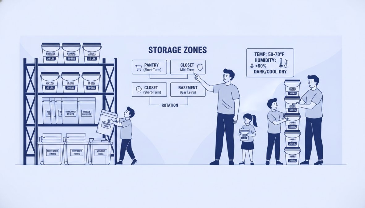 Family organizing stacked emergency food buckets and Mylar pouches in a home pantry storage area, showing practical organization of freeze-dried and dehydrated meal containers