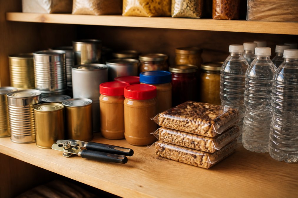 Neatly organized pantry shelf with emergency food supplies including canned goods, protein bars, and water.