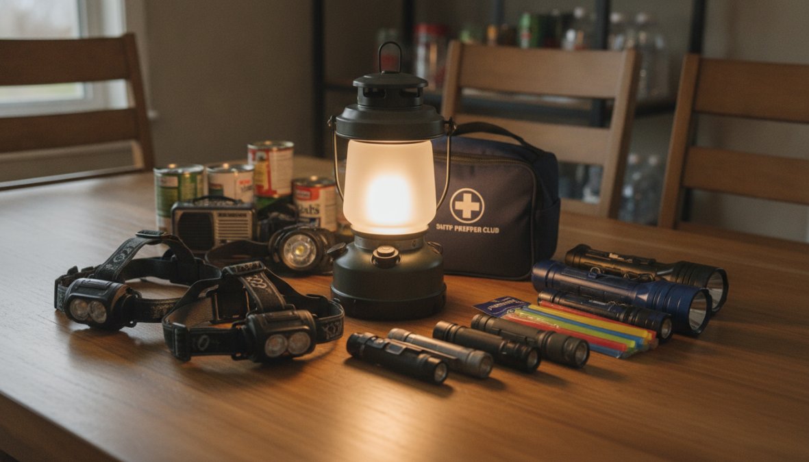 A well-organized emergency kit laid out on a wooden table showing various types of emergency lights including lanterns, headlamps, flashlights, and glow sticks in a home setting with natural window lighting