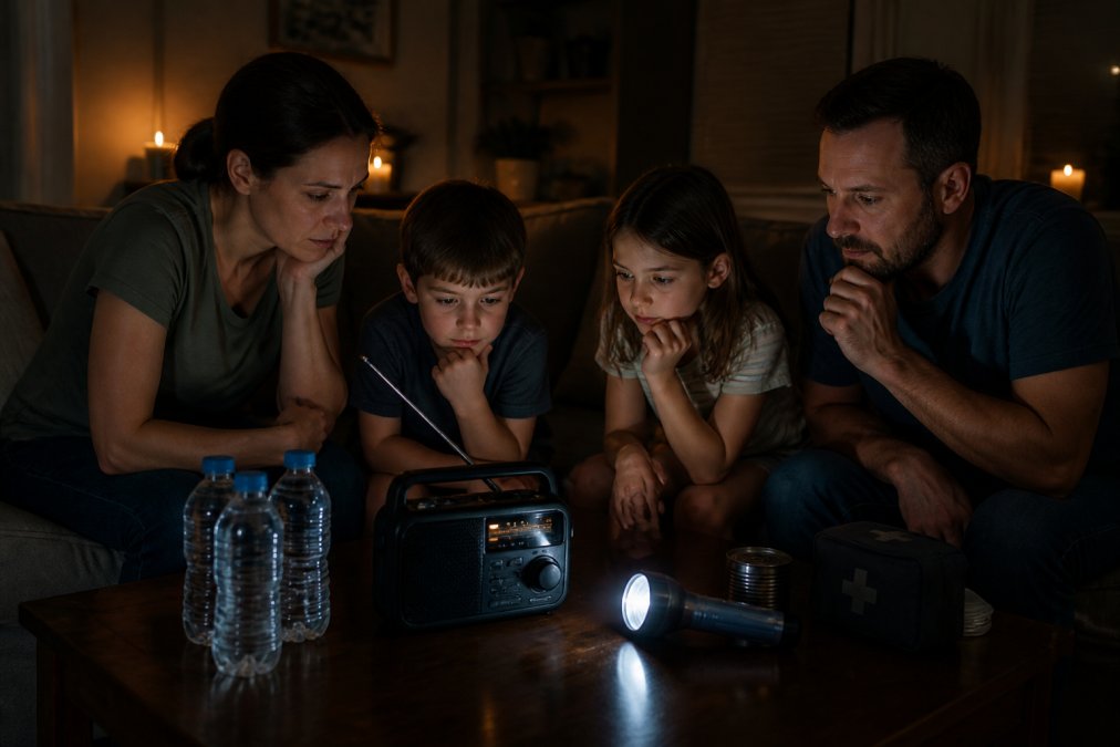 Family sitting in a living room during a power outage, gathered around an emergency radio with a flashlight and water bottles nearby, showing how radios fit into home emergency scenarios