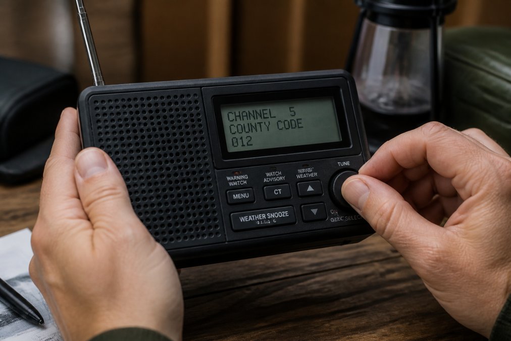 Close-up of hands adjusting the dials and buttons on an emergency weather radio with the display visible, showing county code programming on the LCD screen