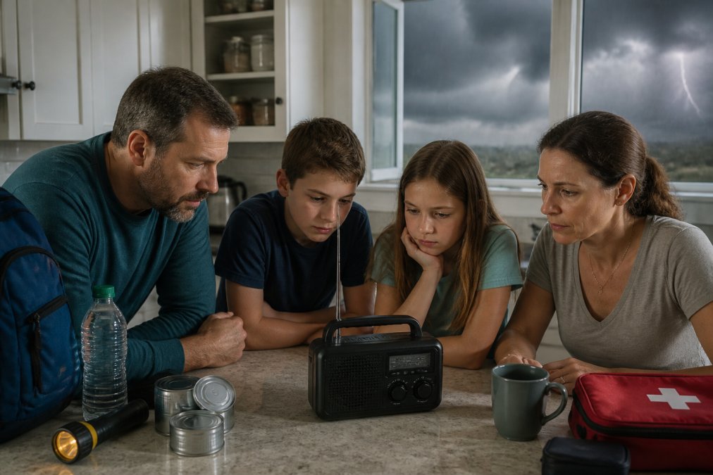 Family in a kitchen gathered around a weather radio on the counter during stormy weather visible through the window, showing real-world emergency preparedness in a home setting with natural storm light