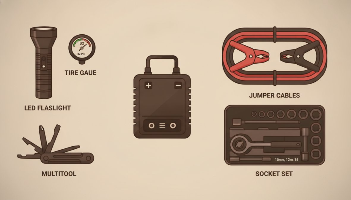 Overhead flat-lay of emergency car tools arranged on a workbench: portable jump starter, tire pressure gauge, multitool, LED flashlight, jumper cables, and socket set organized neatly