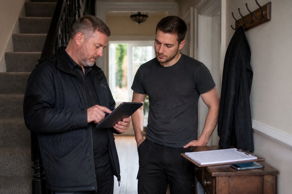 A landlord reviewing repair documentation on a tablet while standing in a rental property hallway, with a clipboard and smartphone showing a compliance app nearby