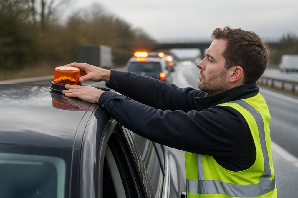 Best Emergency Warning Lights for Cars Driver safely deploying a magnetic amber warning beacon on the roof of a stationary vehicle on a motorway, with hazard lights flashing in the background and a high-visibility vest visible