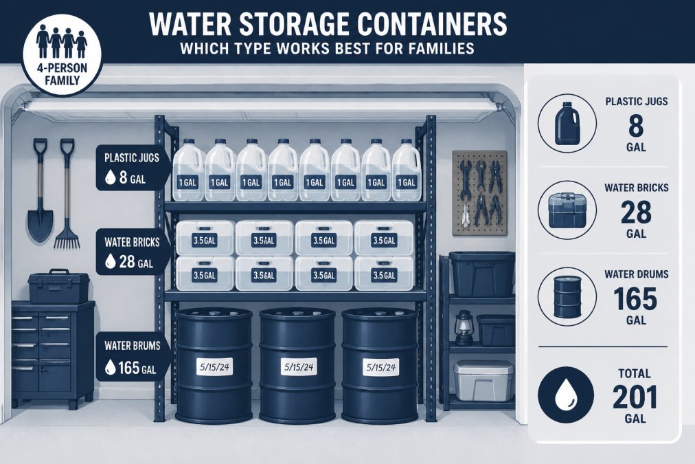 Family garage showing organized water storage with multiple container types including plastic jugs, stackable water bricks, and large drums labeled with dates