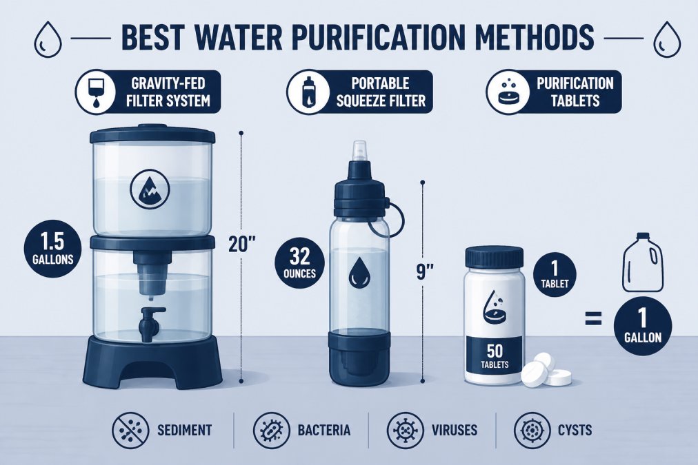 Close-up of water purification equipment including gravity-fed filter system, portable squeeze filter bottle, and purification tablets arranged on table with water container