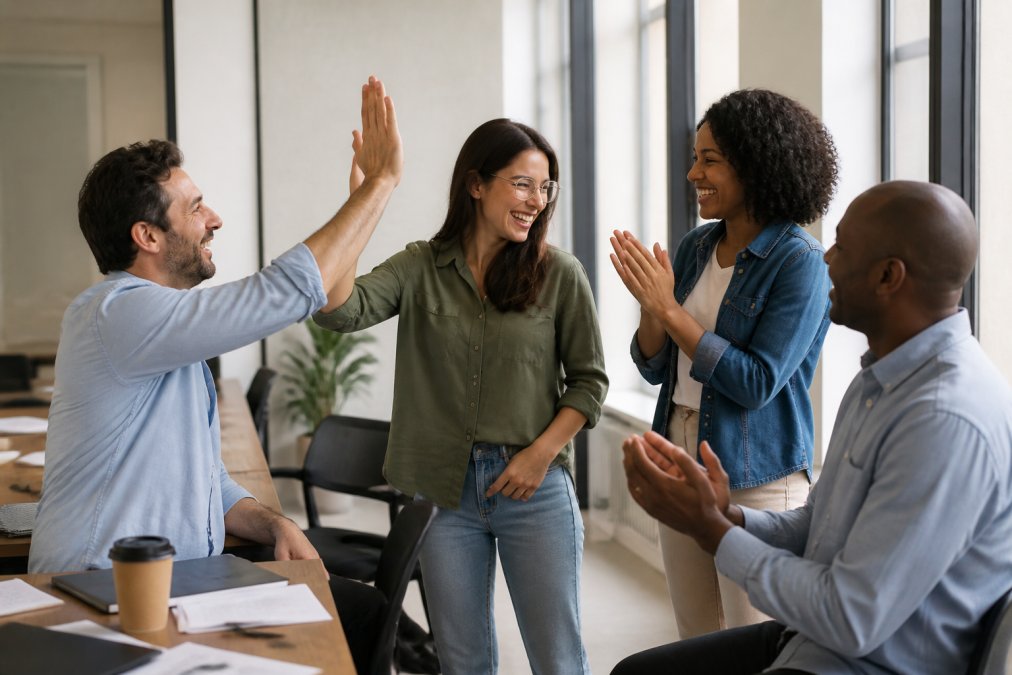 Small team of employees gathered around a desk celebrating a colleague's achievement with high-fives and smiles, natural office lighting, genuine expressions of joy