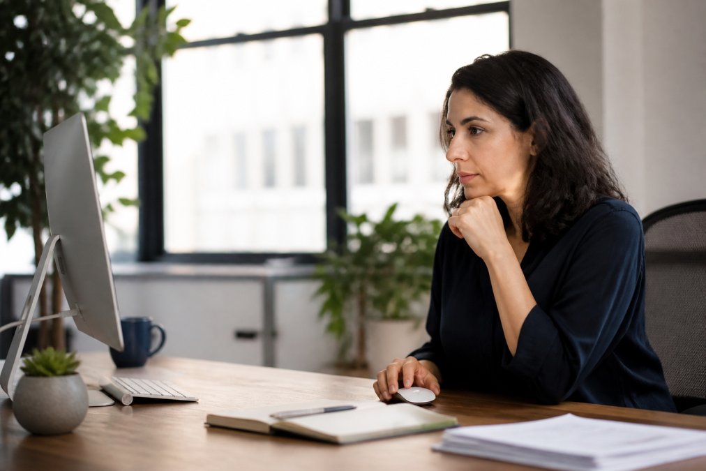 HR manager reviewing recognition platform options on a computer screen in a modern office setting, natural light from windows, focused expression while comparing features