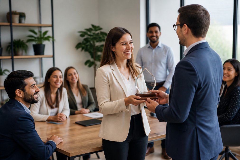 A manager presenting a recognition award to an employee during a team meeting, with colleagues watching and smiling in the background in a modern office setting