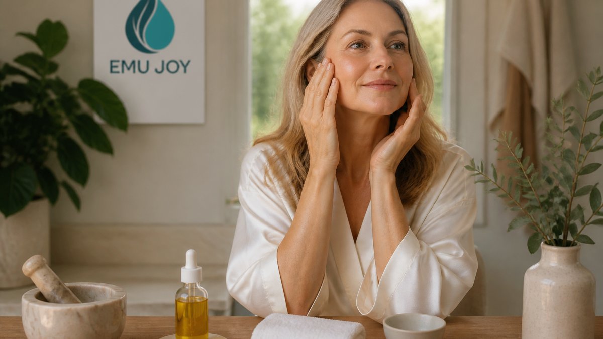 Close-up of hands applying a few drops of emu oil to clean, dry facial skin, demonstrating gentle upward massage technique with natural morning light