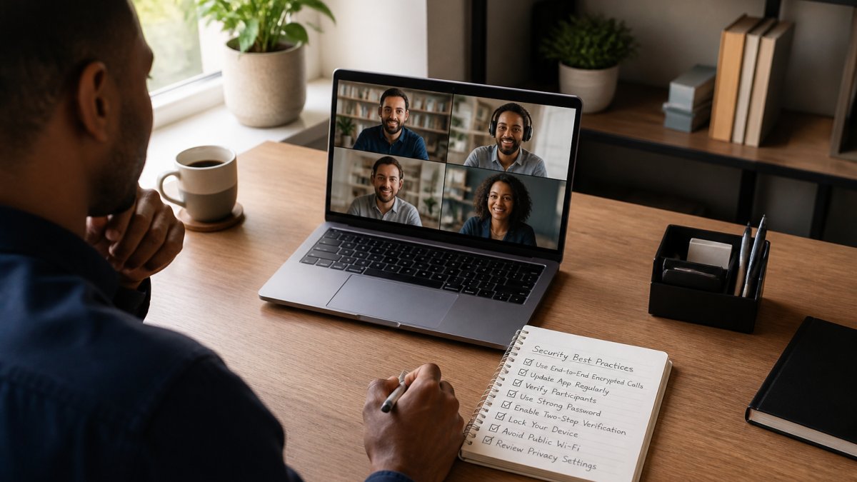 Checklist diagram for securing encrypted group video calls on a laptop at a desk with natural lighting