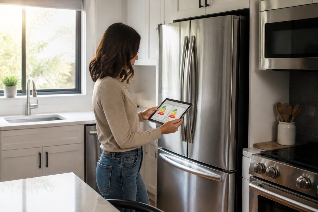 A bright modern kitchen with a person comparing appliance energy labels on a tablet while standing near stainless steel appliances, morning light through a window