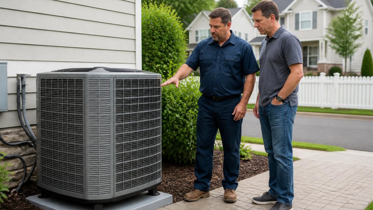 A homeowner and an HVAC technician in uniform reviewing a new high-efficiency outdoor condenser unit beside a house in a suburban New Jersey neighborhood